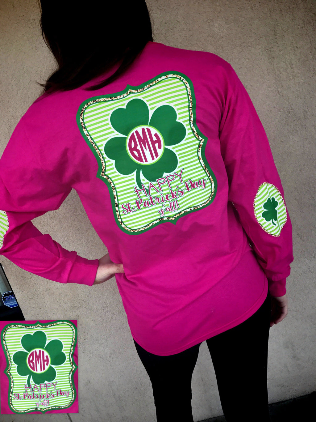 Happy St. Patricks Day Yall Monogram Elbow Patch Long Sleeve Shirt: Hot Pink
