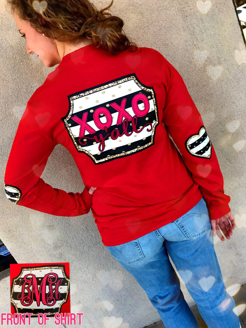 XOXO y'all Monogram Elbow Pad Tshirt: Red/Heart