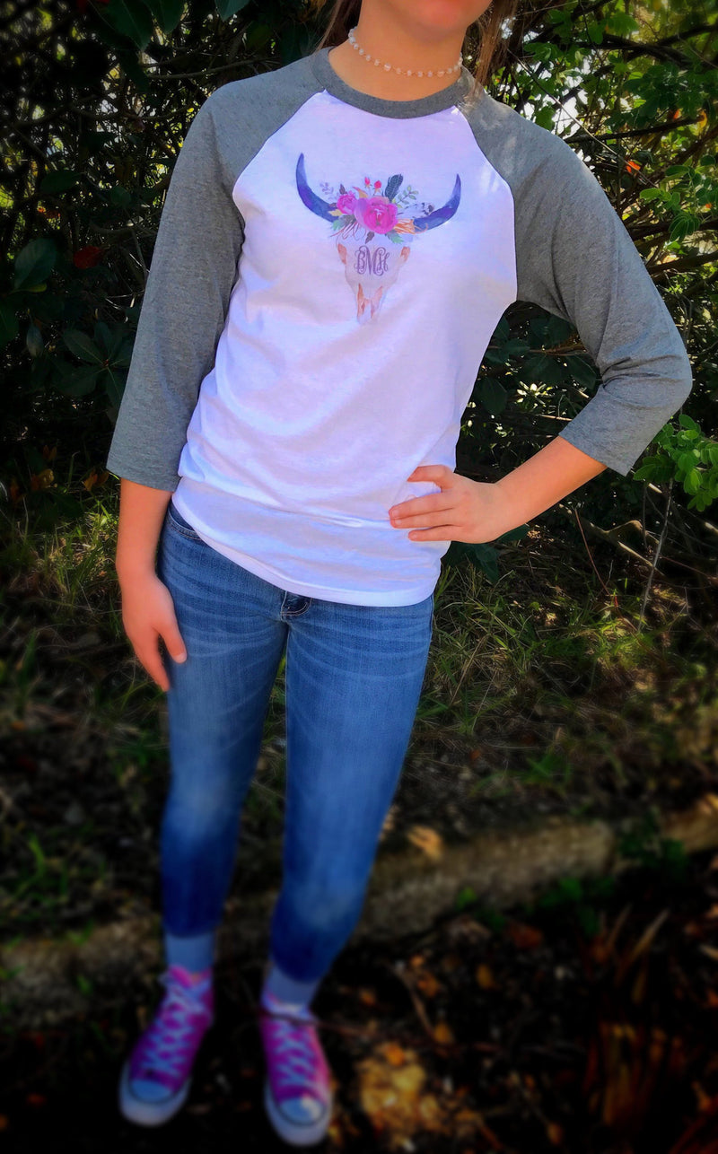 Steer Crazy Floral Monogram Baseball Tee: Grey/White