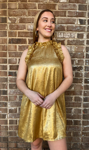Golden Girl: Metallic Ruffle Neckline Dress
