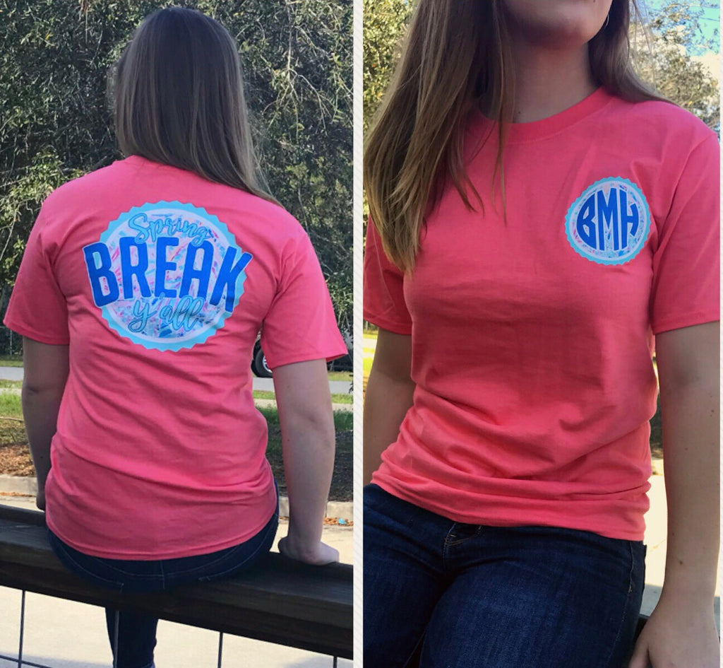 Spring Break Yall Monogram Tee: Coral/Mint