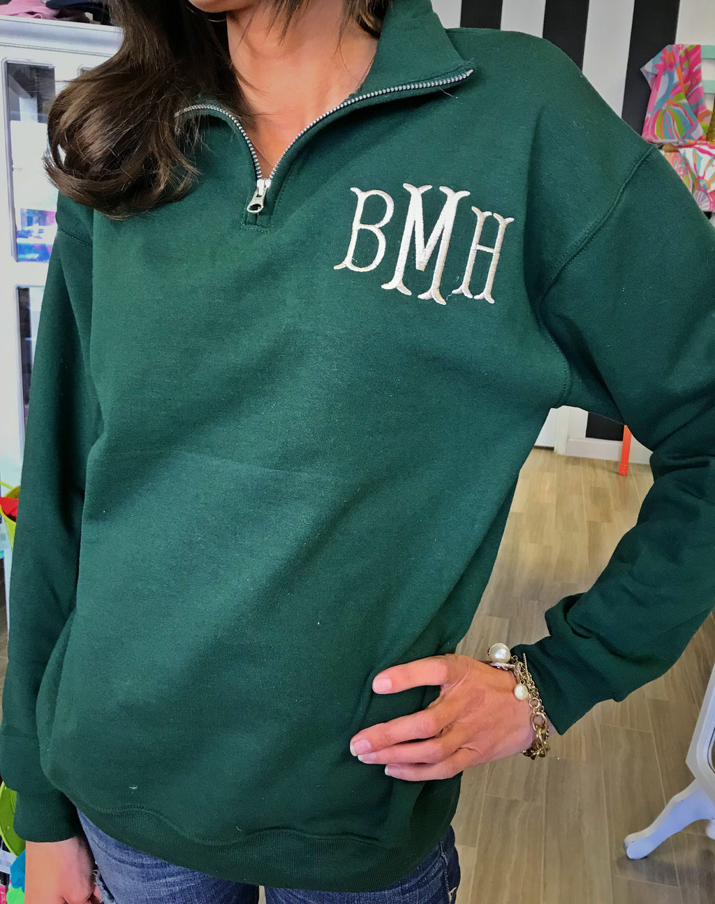 Quarter Zip Sweatshirt: Hunter Green/Cream