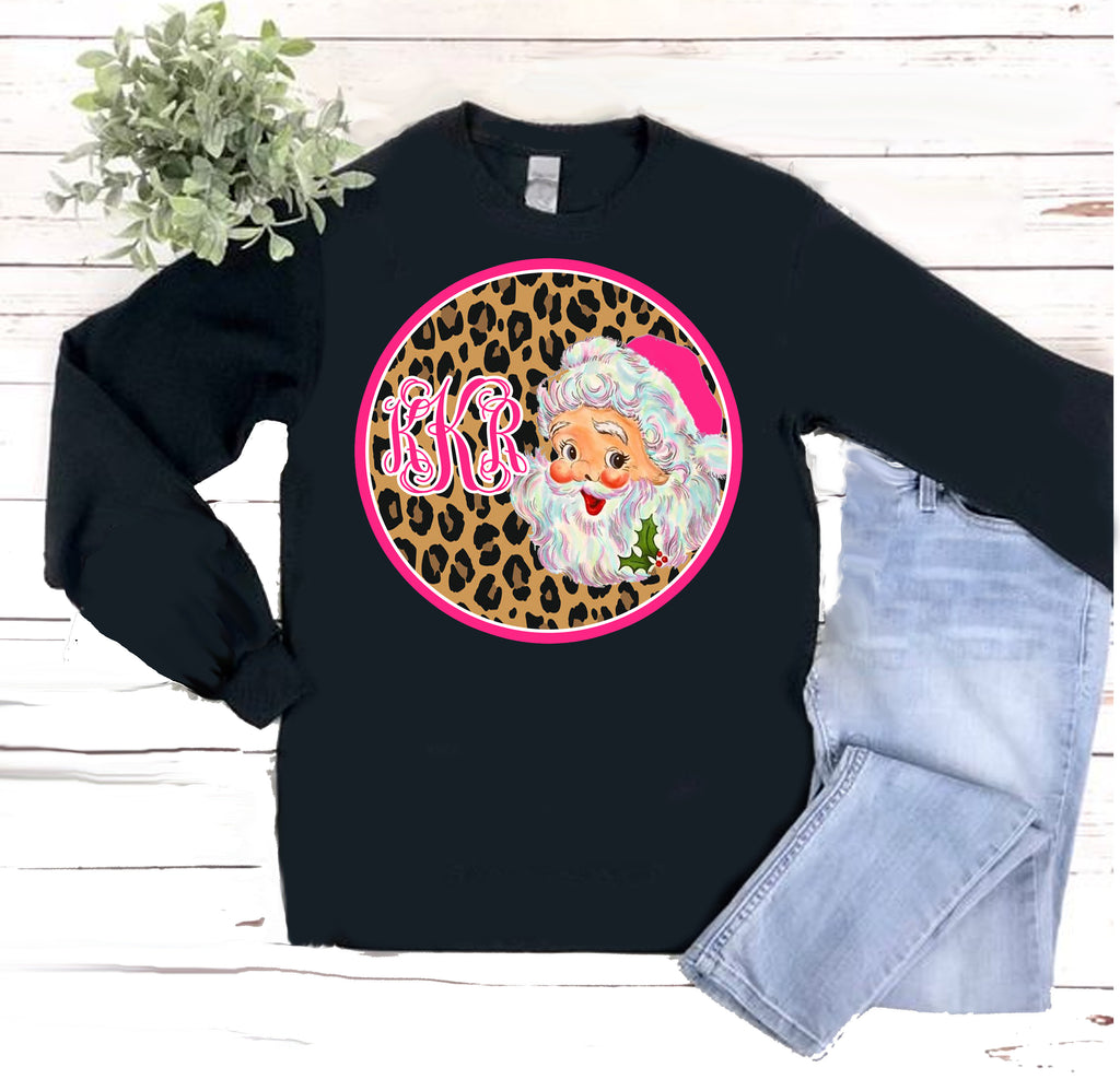 Vintage Santa Monogram Tee: Leopard/ Pink