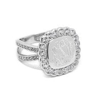 Rounded Square Bling Monogram Ring: Silver