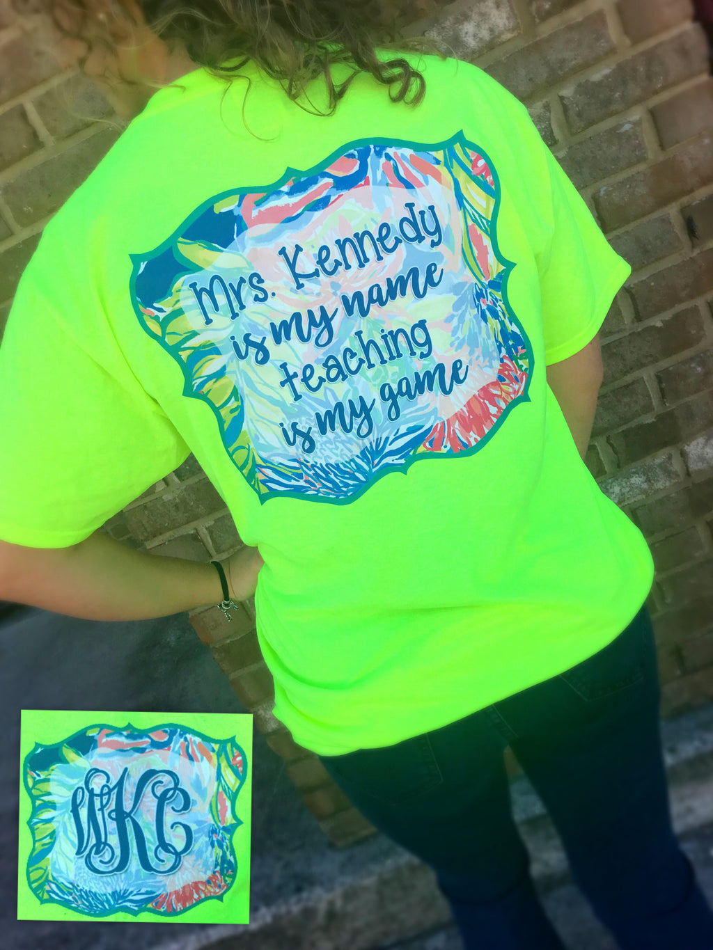 Teaching is my game monogram Tshirt: Neon Yellow