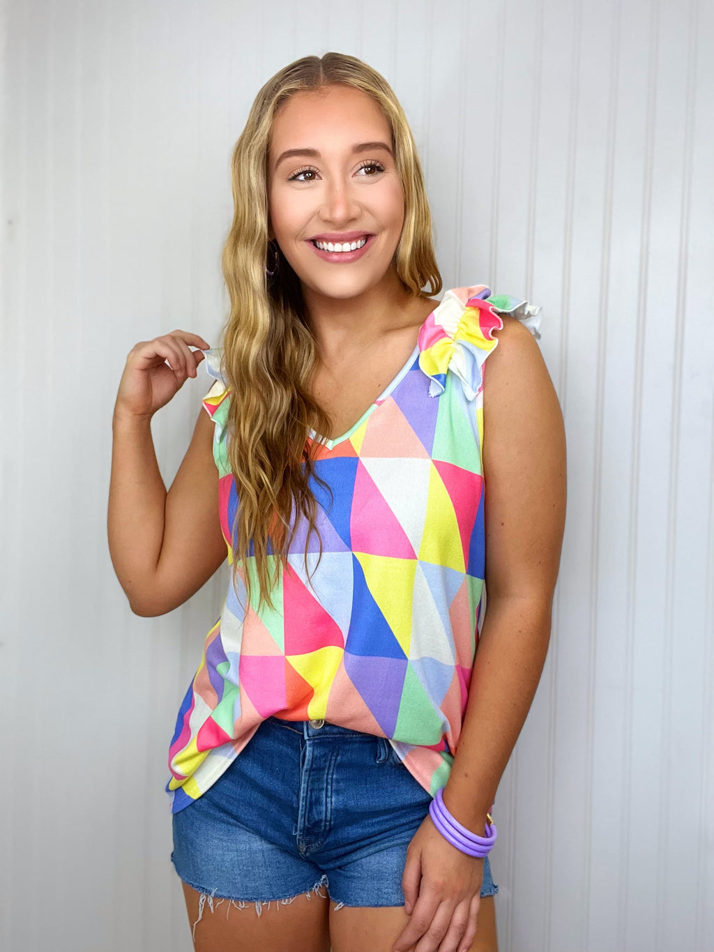 Painted Skies: V-Neck Ruffle Shoulder Top