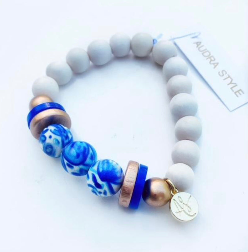 Stacking Bracelets: Blue White/ Bead Gold