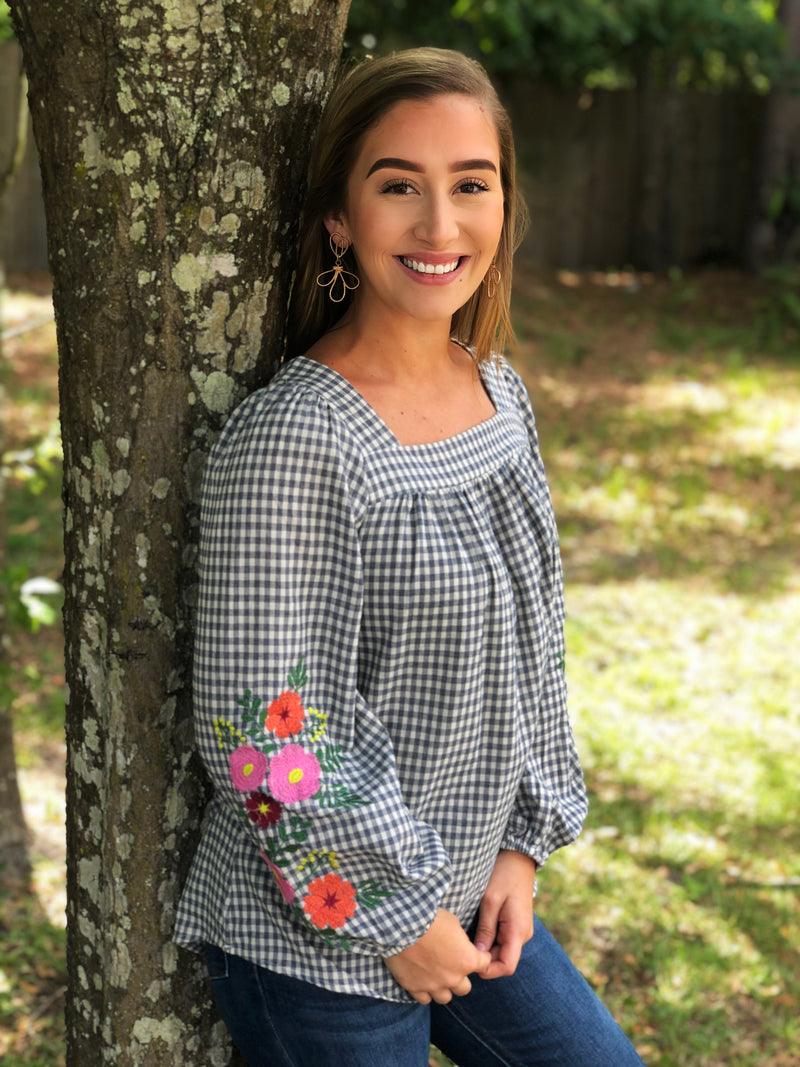 Less Is More: Plaid Square Neck Embroidered Sleeve Top
