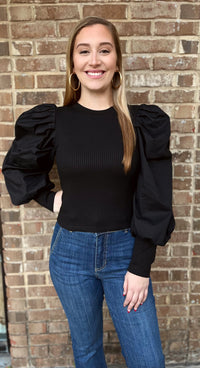 Eyes On Me: Ribbed Crew Neck Balloon Sleeve Top