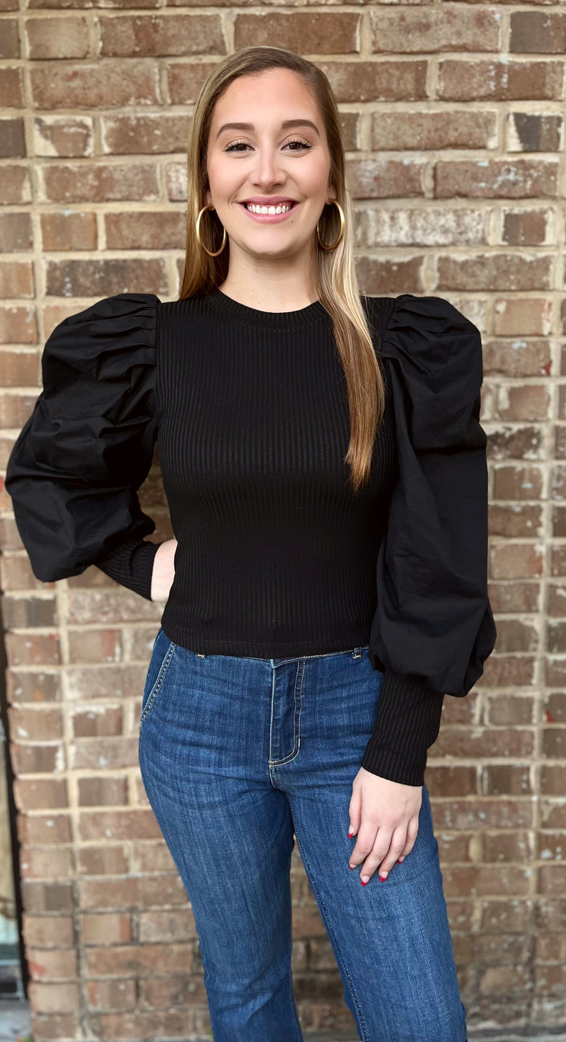 Eyes On Me: Ribbed Crew Neck Balloon Sleeve Top