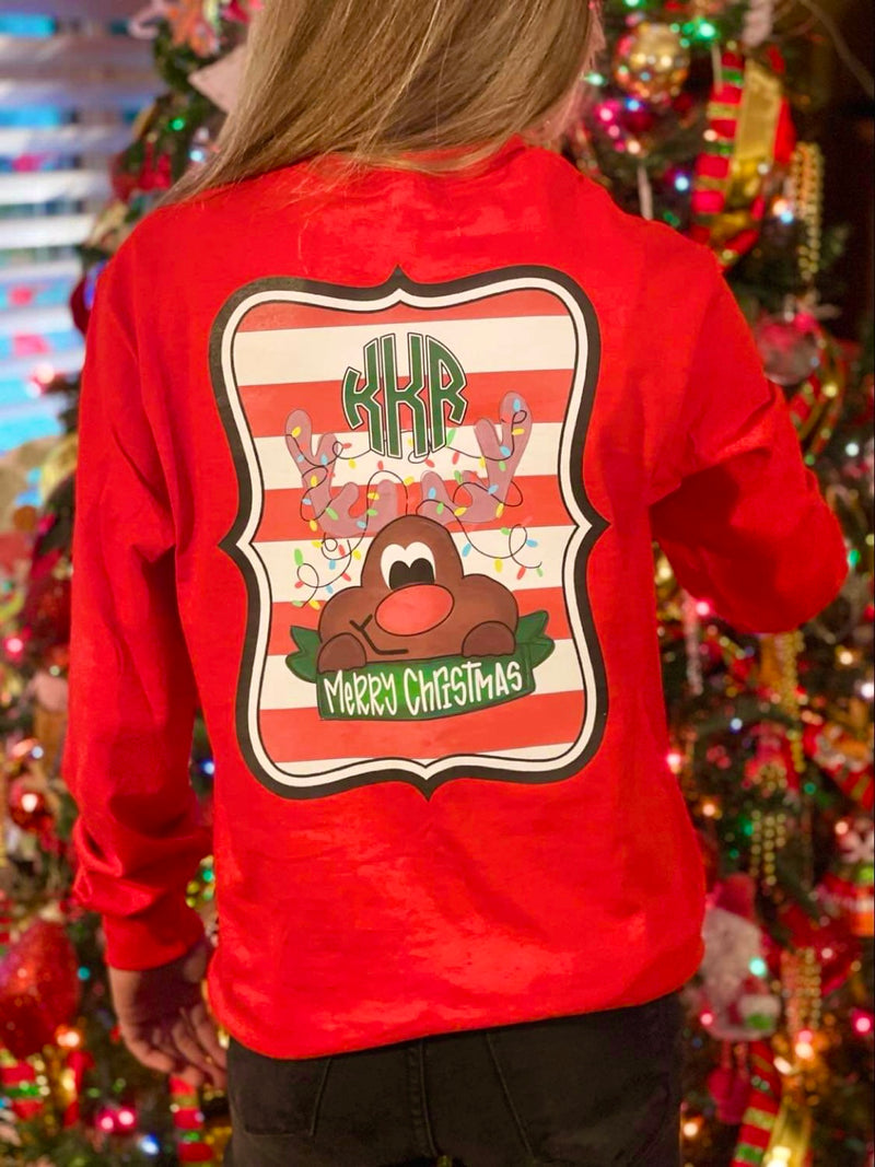 Merry Christmas Reindeer: Long Sleeve Monogram Tee