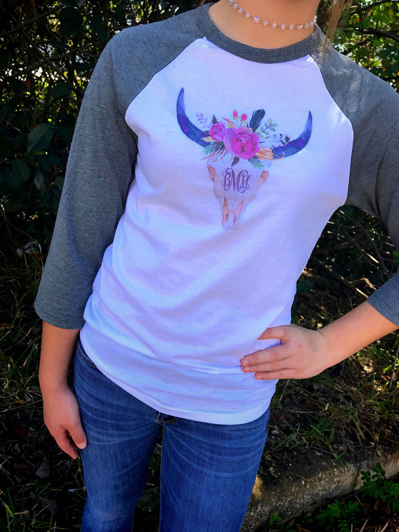 Steer Crazy Floral Monogram Baseball Tee: Grey/White