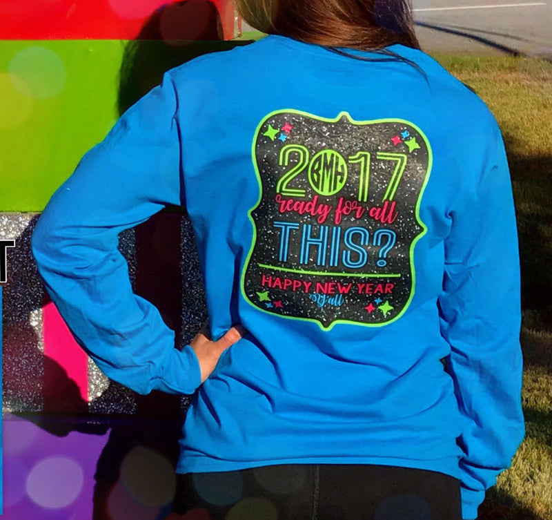 Happy New Years Y'all Monogram Shirt: Sapphire Blue/Neons
