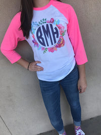 Simply Floral Monogram Baseball Tee: Neon Pink/White
