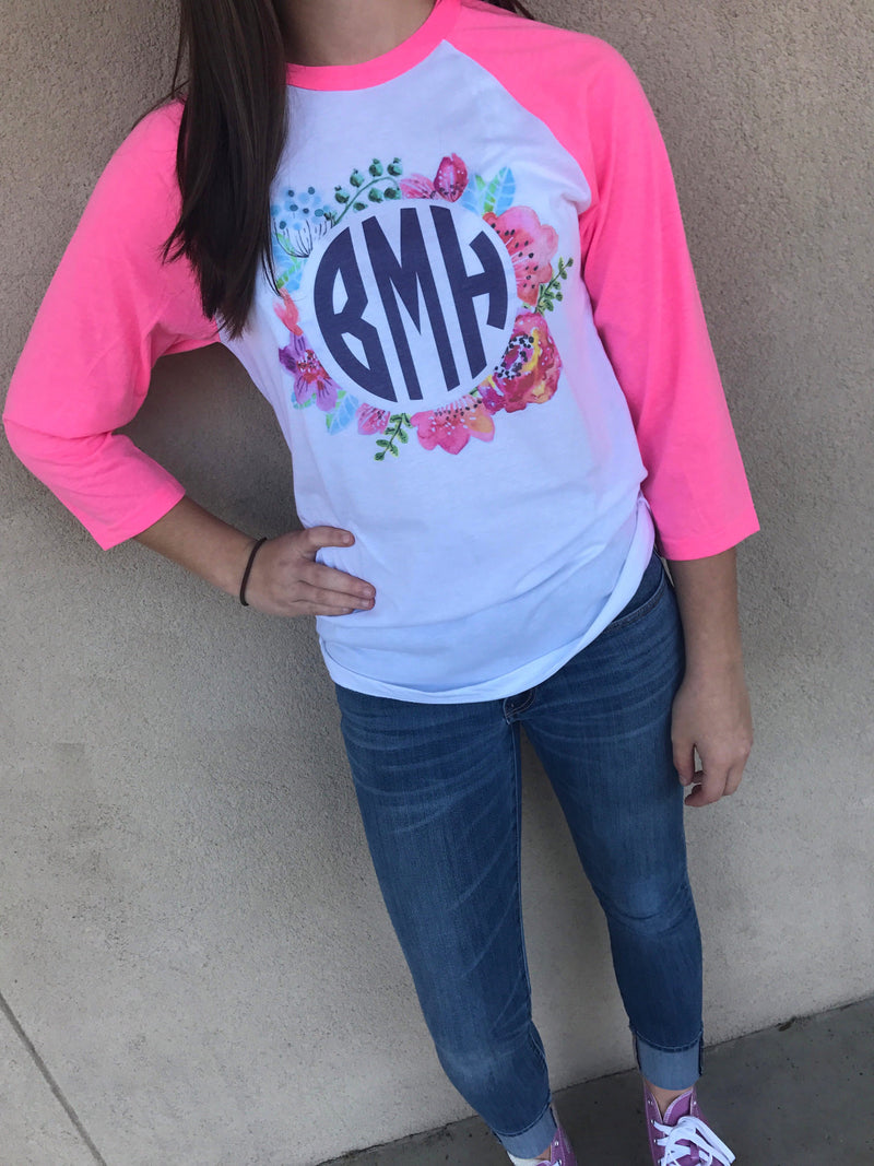 Simply Floral Monogram Baseball Tee: Neon Pink/White
