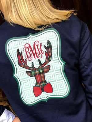Plaid Deer Monogram Sweatshirt: Navy/Plaid Elbows