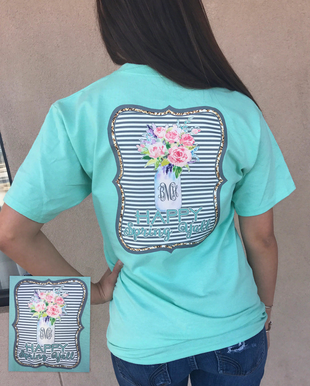 Happy SPRING Yall Monogram: Short Sleeve Seafoam Tshirt