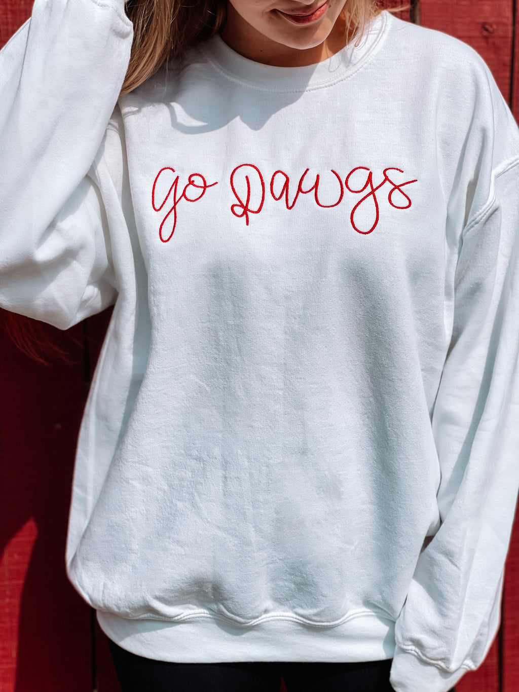 Go Dawgs: Embroidered White Sweatshirt
