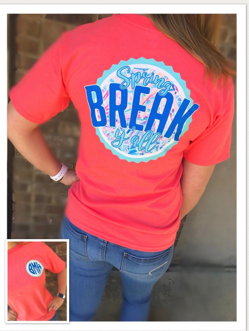 Spring Break Yall Monogram Tee: Coral/Mint