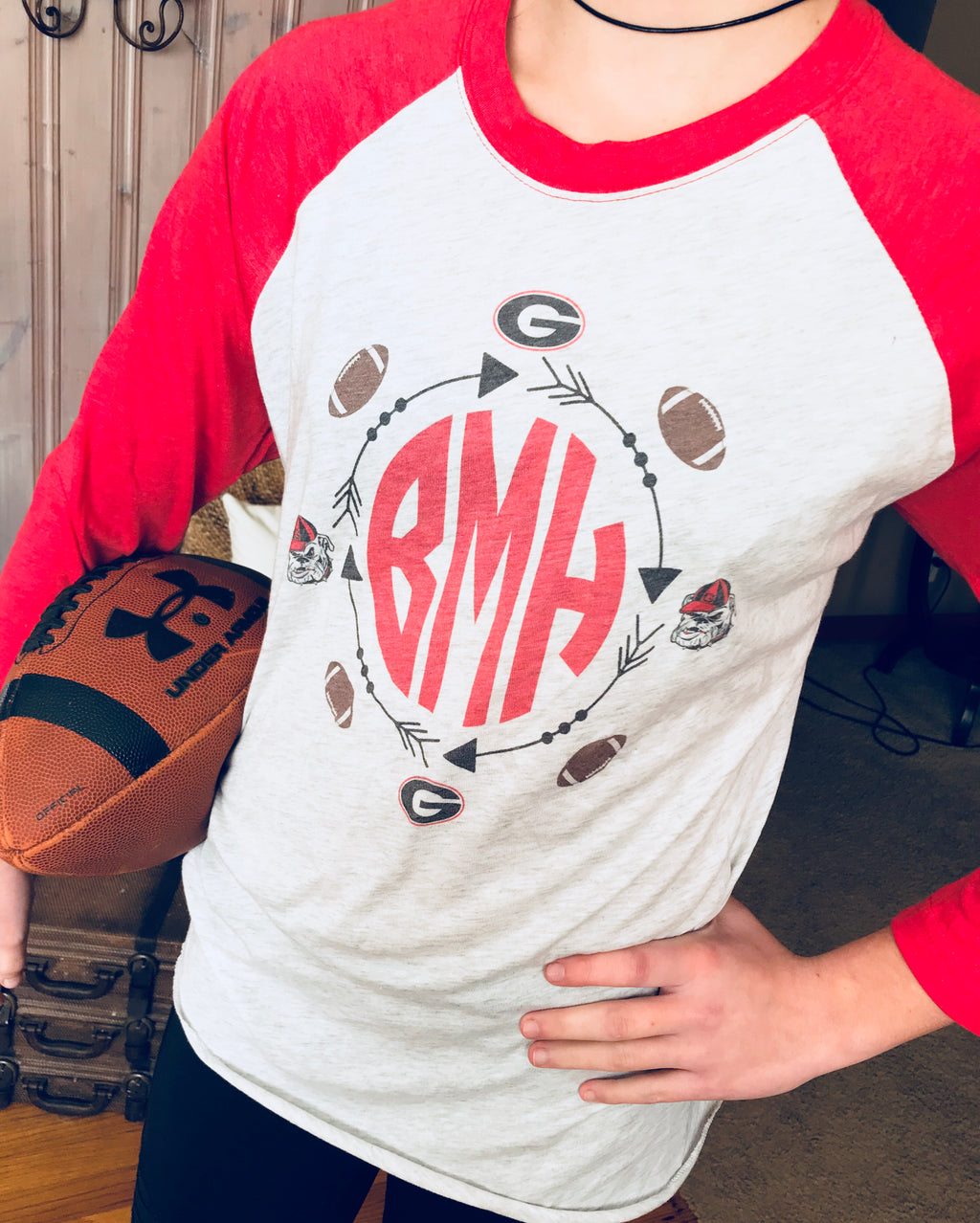 Dawgs Monogram Raglan Tee: red/grey