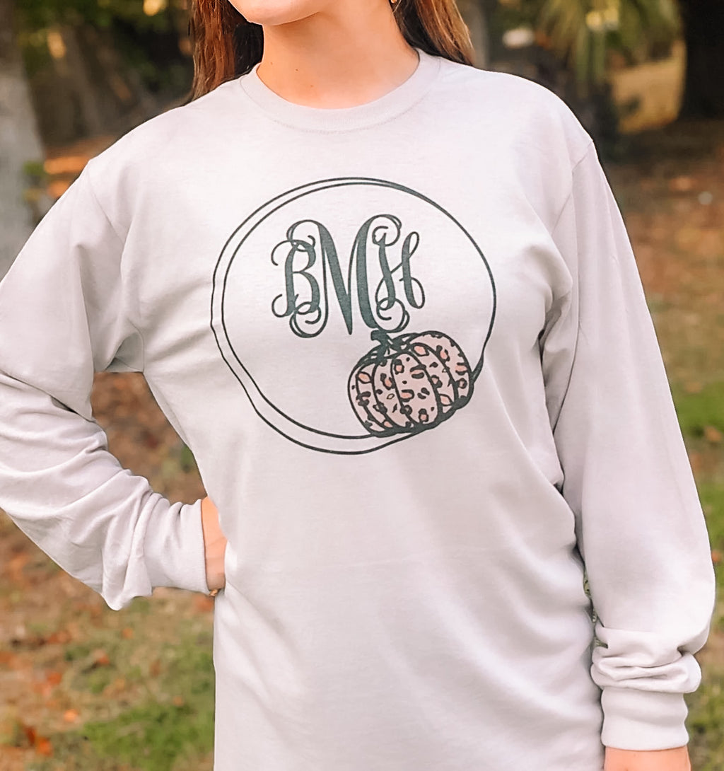 Leopard Pumkin: Long Sleeve Monogram T-Shirt