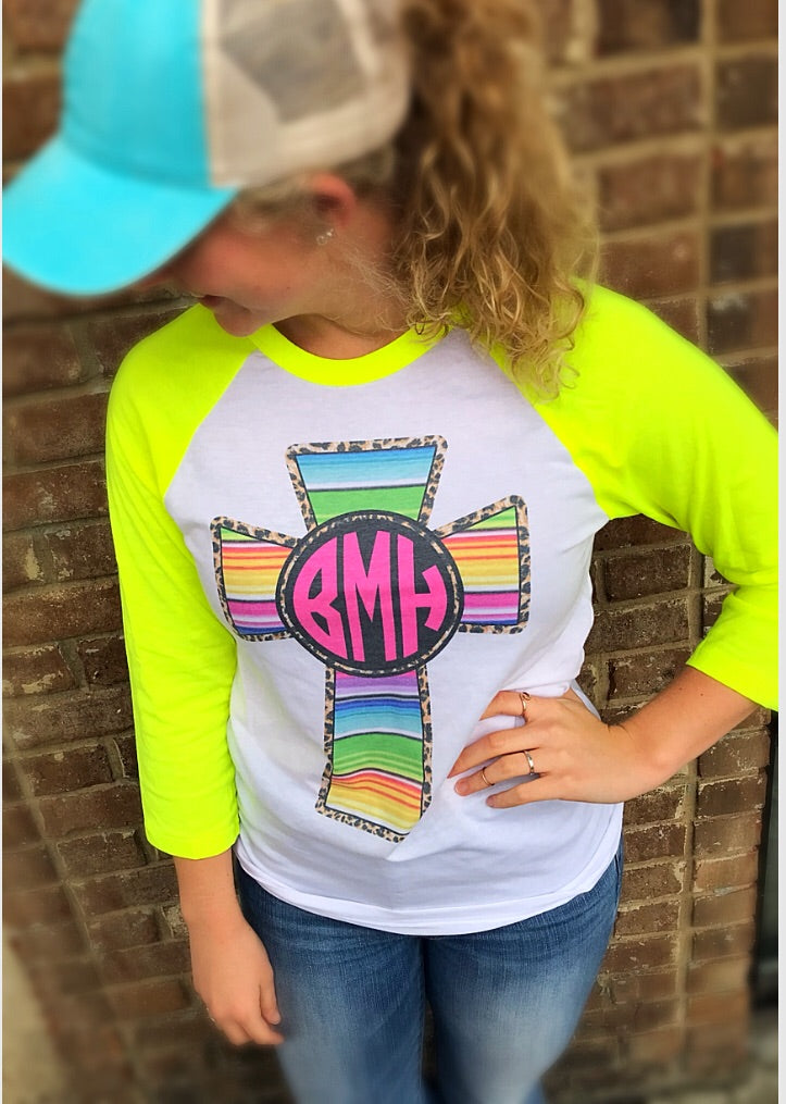 Western Serape Cross Monogram Raglan Tee: Neon Yellow/White