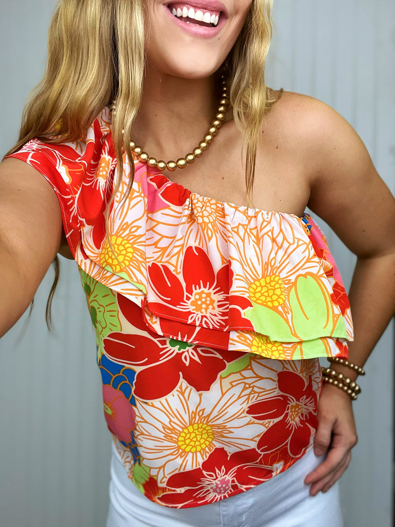 Floral Fun: One Shoulder Ruffle Top