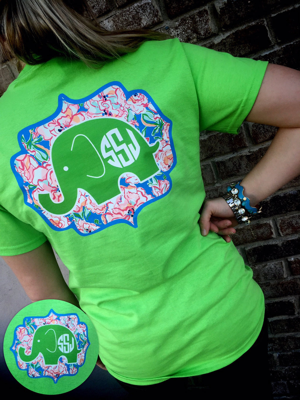 Lucky Charms Elephant Monogram Tee: LIME