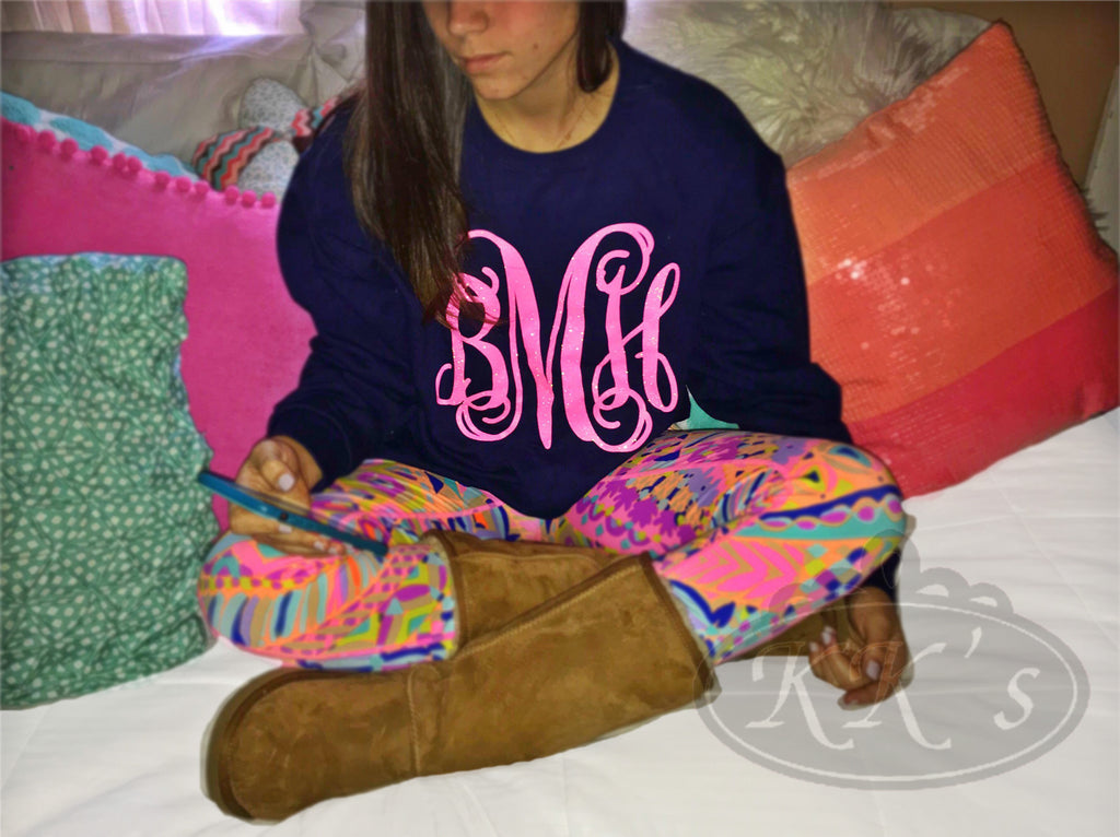 Monogram Sweatshirt: Navy Blue/Neon Pink Glitter