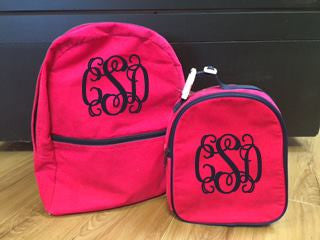 Large Pink Cordoroy Backpack: Navy Blue Monogram