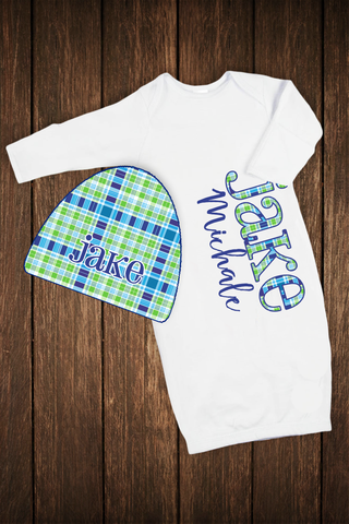Baby Sleeper with Matching Hat: Boy Blue/Green Plaid