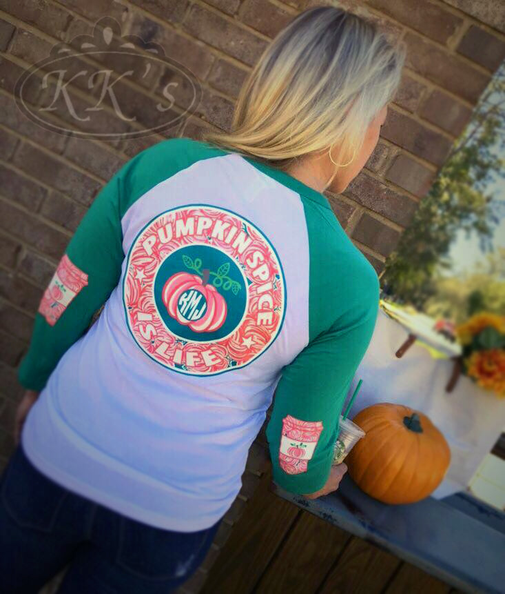 Pumpkin Spice is Life: Monogram Raglan: Kelly Green/White