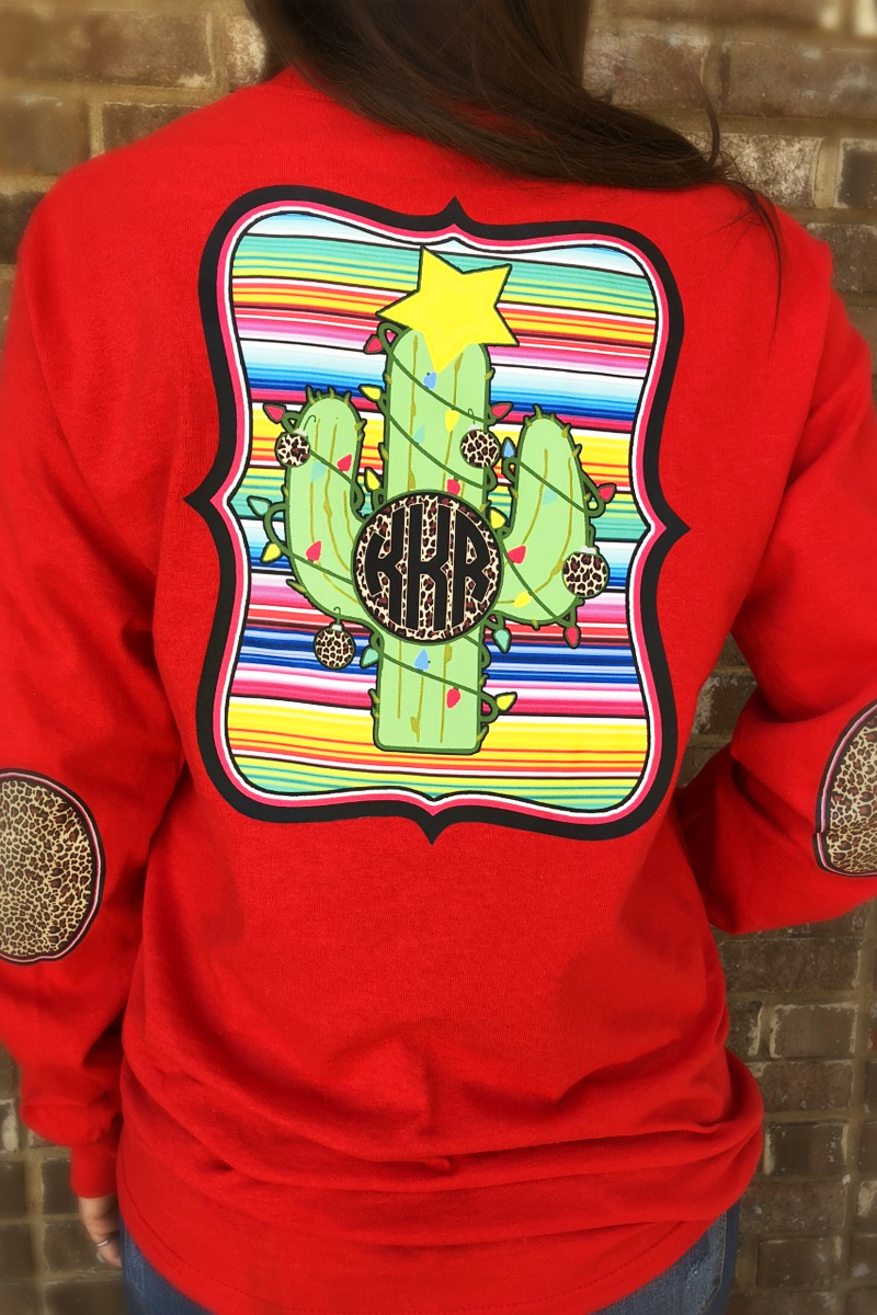 Christmas Cactus: Serape/ Cheetah Monogram Elbow Patch Long Sleeve Tee