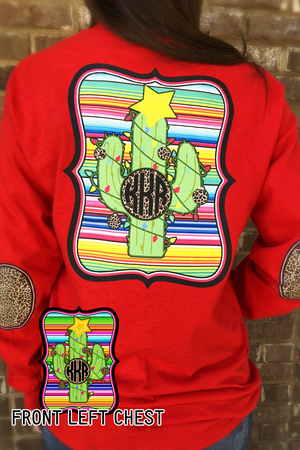 Christmas Cactus: Serape/ Cheetah Monogram Elbow Patch Long Sleeve Tee