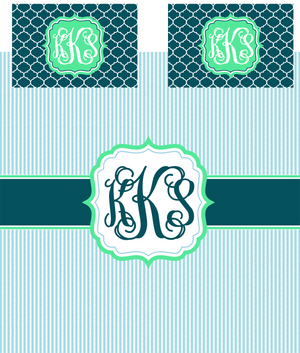 KK's Custom Bedding: Blue/ Navy/ Mint w/ Seersucker/ Quatrefoil