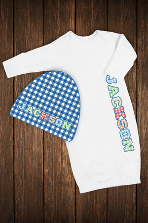 Baby Sleeper with Matching Hat: Boy Stitched Gingham