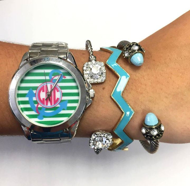 Nautical Monogram Watch: Stripes Green & White with Anchor