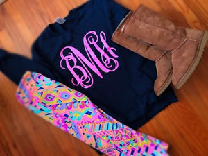 Monogram Sweatshirt: Navy Blue/Neon Pink Glitter
