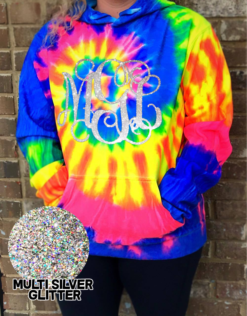 Neon Tie Dye Monogram Hoodie: Multi Silver Glitter