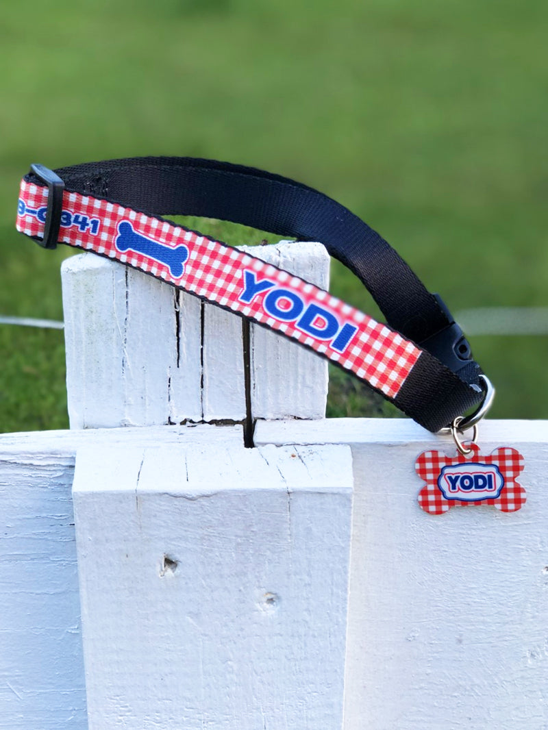 Gingham Dog Collar & Tag: Red/Navy